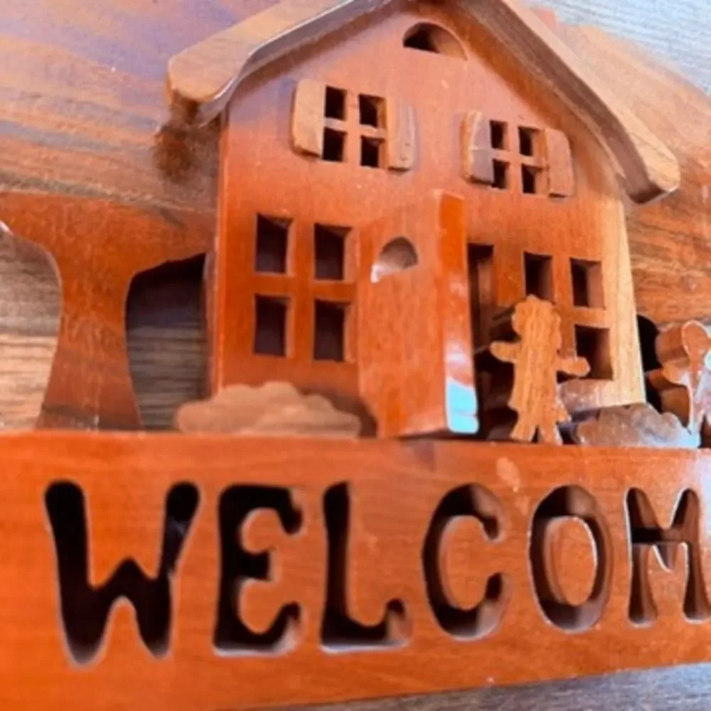 Vintage Signed John B McCauley Handcarved Wooden Welcome Sign Folk Art